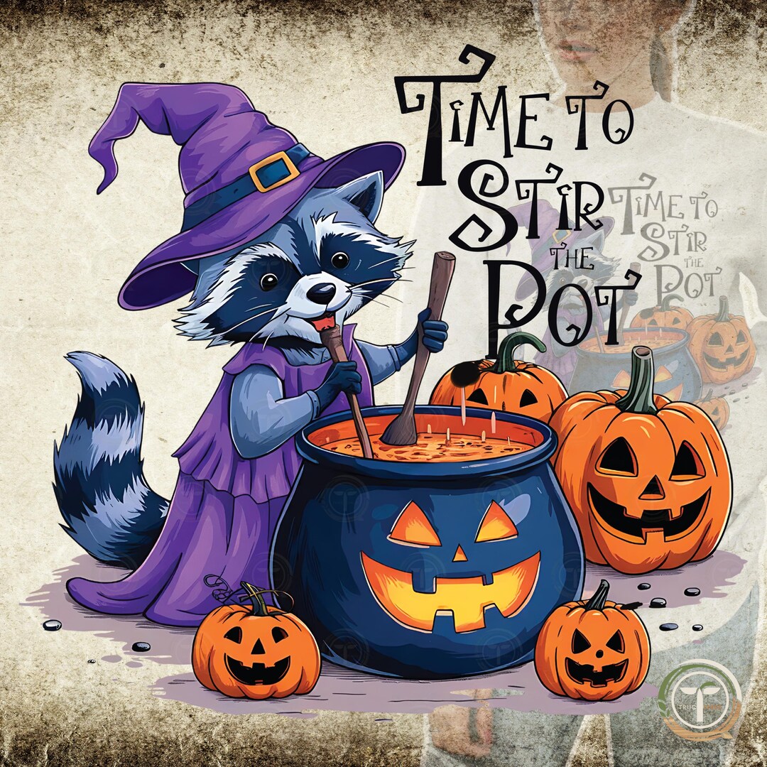 Time to Stir the Pot PNG Funny Raccoon Witch Retro Halloween PNG Spooky ...