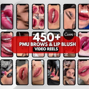 Può includere: Una raccolta di schermi di smartphone che mostrano procedure di trucco permanente (PMU). Gli schermi mostrano immagini di blush per labbra e trattamenti per sopracciglia, con sovrapposizione di testo, tra cui "450+ PMU Brows & Lip Blush Video Reels."
