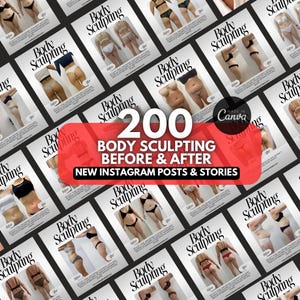 Könnte beinhalten: Eine Sammlung von Instagram-Posts und -Stories mit Vorher-Nachher-Transformationen im Bereich Body Sculpting. Die Bilder zeigen verschiedene Körpertypen in Dessous, mit dem Text "Body Sculpting" und "200 Body Sculpting Before & After".