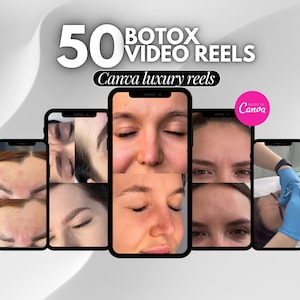 Könnte beinhalten: Werbung für 50 Botox-Video-Reels. Das Bild zeigt mehrere Smartphones, die Vorher-Nachher-Fotos von Botox-Behandlungen anzeigen. Der Text lautet "50 Botox Video Reels" und "Canva luxury reels."