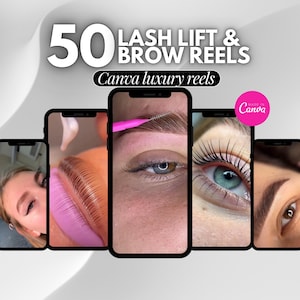 Può includere: Un collage di cinque schermate di telefono che mostrano 50 reel di lusso Canva per trattamenti di lifting ciglia e sopracciglia. Il testo "Made in Canva" è visibile nell'angolo in alto a destra.