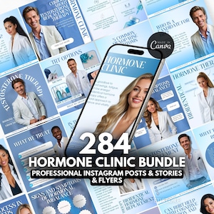 May include: A collage of images promoting a hormone clinic. The images feature people of different ages and genders, and include text about hormone therapy, menopause symptoms, and bioidentical hormone replacement therapy. The text "284 Hormone Clinic Bundle" is displayed in large, bold font.