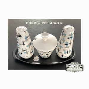 Mid Century Gouda Pottery Cruet Set – Plazuid Gouda Salt and Pepper Set with Mustard Pot – 1950s Dutch Ceramic Tableware