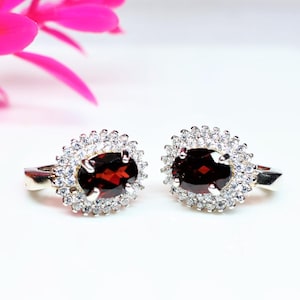 Red Garnet And White Zircon Cut Oval Shape Multiple Size Push Earring Garnet Stud Gemstone Chunky Earring Minimalist Silver Earring.
