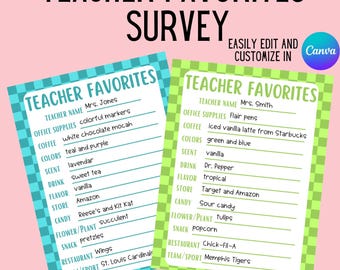 Editable Teacher Favorites Survey • Teacher Questionnaire • Teacher Appreciation Gift • Printable PDF & Canva Template