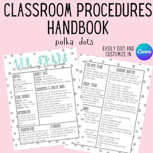 May include: A printable classroom procedures handbook for 4th grade with polka dot background. The handbook includes sections for contact information, weekly tests, assignments and make-up work, attendance, transportation, take-home folder, Tuesday folder, work, classroom discipline, and rewards for following the rules.
