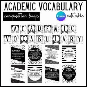 May include: A black and white composition book titled "ACADEMIC VOCABULARY" with the text "composition book" and "Canva editable". The image features vocabulary terms like "inference", "main idea", "details", and "evidence".