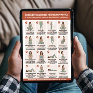 Pode incluir: Um tablet exibe um guia intitulado "Exercícios de aterramento para consultório de terapia". O guia apresenta 16 exercícios de aterramento suaves com ilustrações. O texto inclui nomes de exercícios, áreas-alvo e durações.