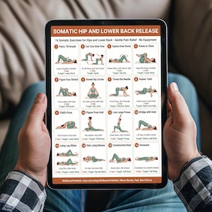 May include: A tablet displays a guide for 16 somatic exercises for hip and lower back release. The exercises are illustrated with diagrams and include titles like "Pelvic Tilt Breath" and "Cat-Cow Slow Flow". The tablet is held by a person.
