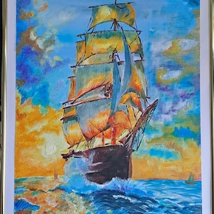 Paesaggio originale fatto a mano con colori ad olio Mare e una nave all'alba su pittura a olio Decorazione da parete in carta Bella mattinata colorata RoyTahArt