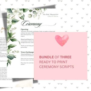 Puede incluir: Un paquete de tres guiones de ceremonia listos para imprimir. Los guiones presentan una elegante caligrafía y detalles florales. El texto incluye la palabra "Ceremonia" y "Intercambio de votos". También se incluye un gráfico de corazón rosa.