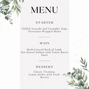 Pode incluir: Um menu com uma moldura floral em aquarela. O menu apresenta uma entrada, um prato principal e uma sobremesa. A entrada é sopa fria de abacate e pepino, melón envolto em prosciutto. O prato principal é costeleta de cordeiro com crosta de ervas, salmão grelhado com molho de manteiga de limão. A sobremesa é tiramisu clássico, sorbet de limão com frutas vermelhas frescas.