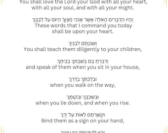 Shema Israel Prayer Printable– Hebrew with Vowels + English Translation – Jewish Home Decor | Instant Download