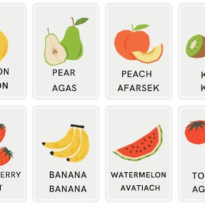 Tarjetas didácticas imprimibles sobre frutas y verduras en hebreo