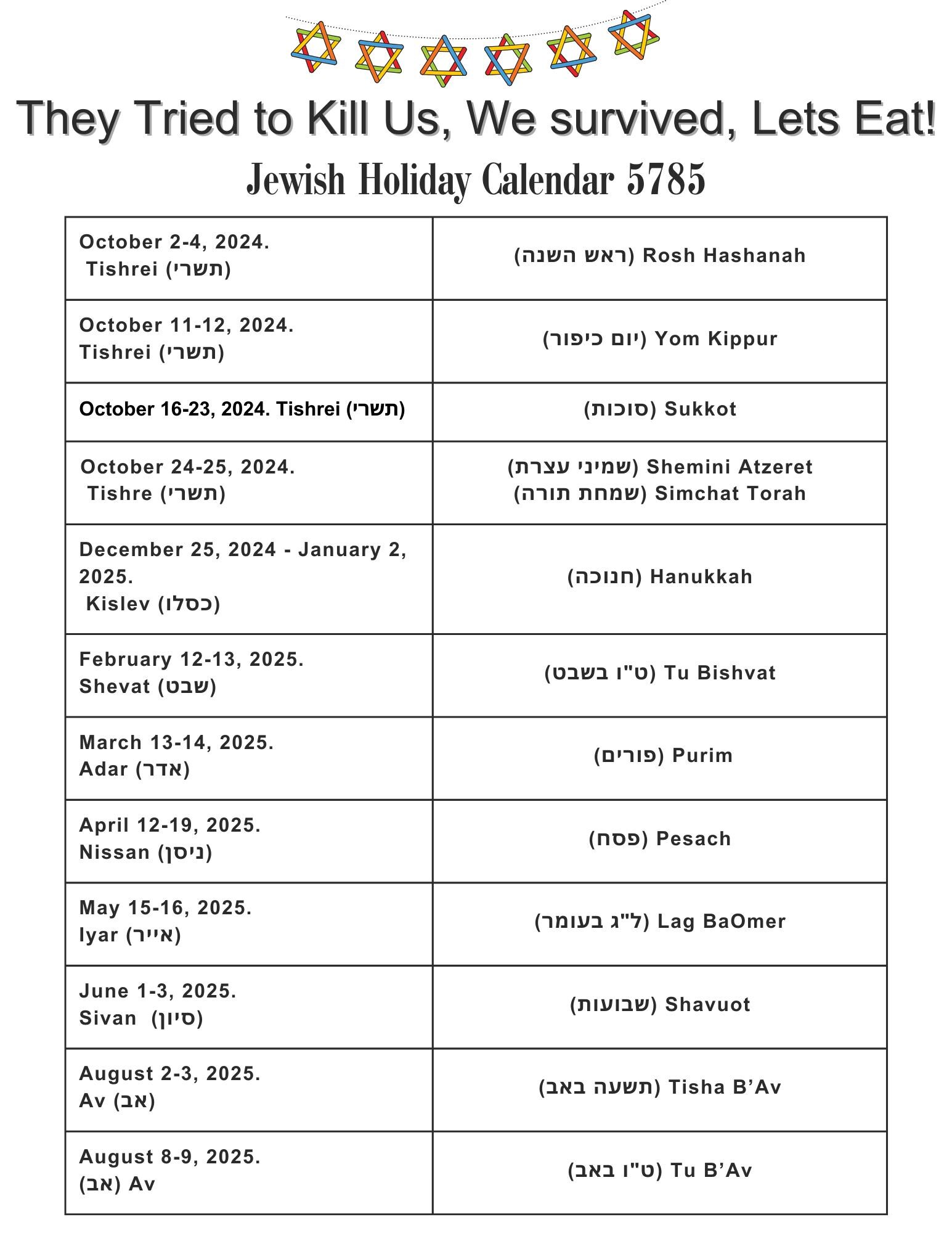 20242025 Jewish Holiday Calendars Printable Etsy