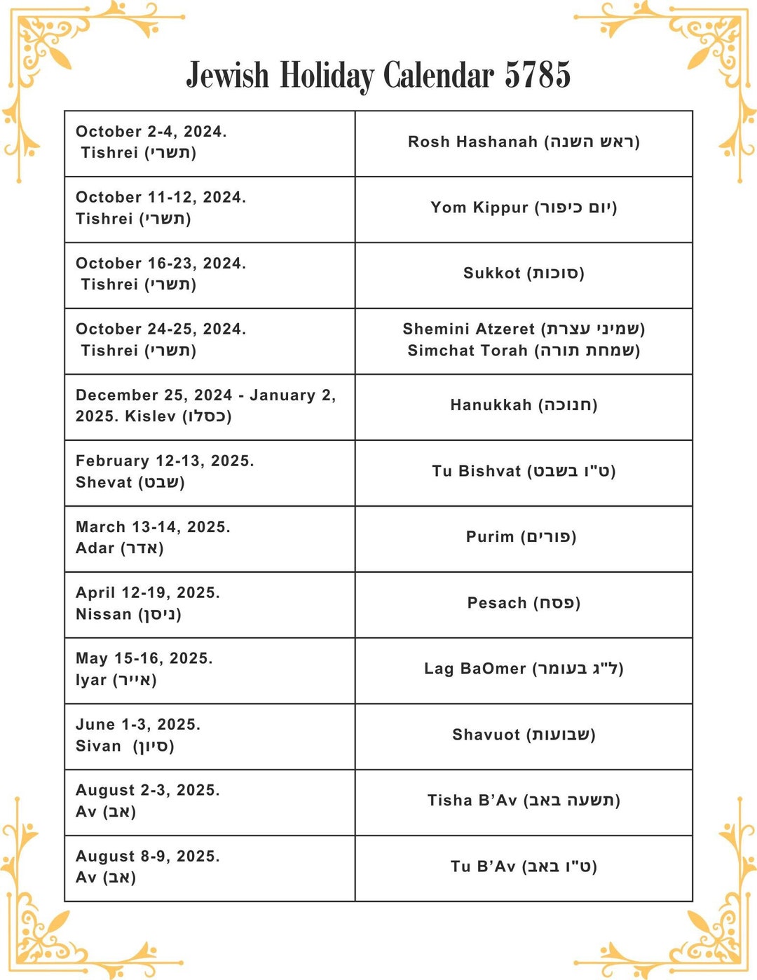 20242025 Jewish Holiday Calendars Printable Etsy