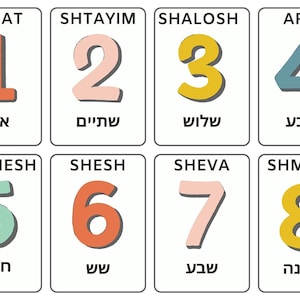 May include: Eight colorful cards with Hebrew words and numbers 1 through 8. The cards are white with a black border and feature a large number in a bold font with a shadow effect. The Hebrew words are written in black below the numbers.