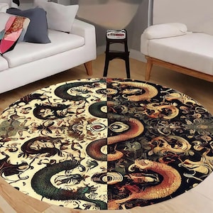 Tappeto rotondo gotico con serpente, tappeto esoterico con serpente, tappetino dark academia, tappeto circolare con drago mitologico, decorazioni occulte e mistiche per la casa