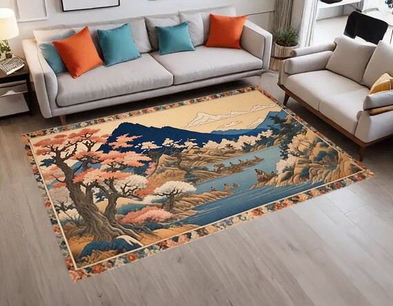 フローラルリバーエリアラグ、山の風景、モダンカーペット - Etsy 日本