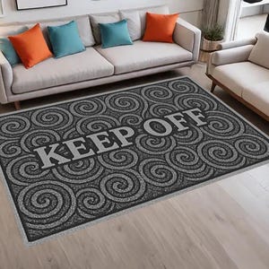 Tapete Keep Off, carpete preto e branco, tapete monocromático, decoração marcante para casa, tapete com padrão espiral, tapete moderno para sala de estar, minimalista, moderno