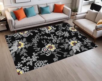 Black Paisley Floral Area Rug, Vintage Oriental Flowers Carpet, Dark Botanical Aesthetic Rug for Living Room, Boho Home Decor Washable Rug
