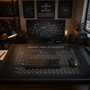Könnte beinhalten: Ein schwarzer Schreibtisch mit einem Mauspad mit Periodensystem, Tastatur und Maus. Ein Computermonitor zeigt ein Molekülstrukturdiagramm. Dekorative gerahmte Drucke und eine Digitaluhr sind ebenfalls sichtbar. Der Schreibtisch befindet sich in einem Heimbüro.