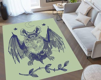 Gothic Bat Area Rug, Vintage Witchy Home Decor, Celestial Crescent Moon Floor Mat, Whimsigoth Bedroom Carpet, Dark Academia Halloween Gift