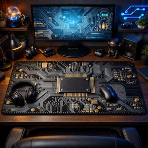 Può includere: Tappetino per mouse per computer nero e oro con un design a circuito stampato. Il tappetino presenta un grande rettangolo centrale e linee intricate, con un mouse e delle cuffie neri. Un monitor per computer e altri accessori tecnologici sono sullo sfondo.