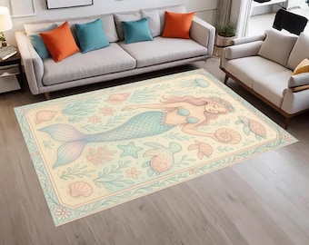 May include: A rectangular area rug featuring a mermaid illustration in pastel colors. The mermaid has long flowing hair and a blue and green tail. The rug also includes sea shells, starfish, and turtles, with a decorative border.