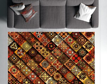 Boho Tile Area Rug, Oriental Patchwork Floor Mat, Traditional Turkish Style Carpet, Terracotta Rust Ethnic Rug, Washable Vintage Home Decor