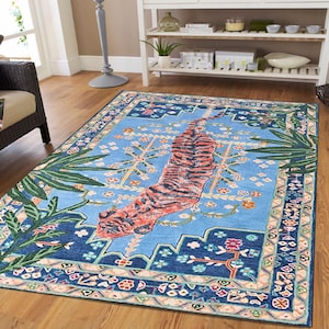 Tiger Rug, Jungle Theme Carpet, Oriental Tiger Decor, Bold Animal Print Rug, Tropical Room Accent, Boho Safari Style Mat, Artistic Tiger Rug