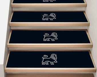 Alfombra de escalera con estampado de león: alfombra estampada en blanco y negro