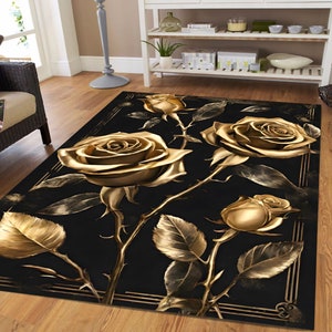Gold Rose Rug, Gold Rug,Dark Aesthetic Rug,Non Slip Rug,Area Rug,Floor Rug,Trendy Rug,Blossom Rug,Luxury Rug,Shiny Rug,Bright Rug,Gift