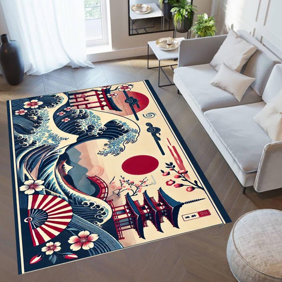 Cherry Blossom Rug: Japanese Wave Design, Decorative Rug - Etsy