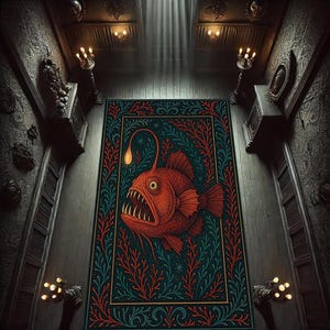 Könnte beinhalten: Ein dunkelblauer und roter Teppich mit einer detaillierten Illustration eines Tiefsee-Anglerfisches mit einer leuchtenden Köder. Der Teppich hat einen Vintage-Rahmen.