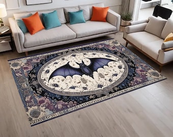 Gothic Bat Rug, Dark Academia Floor Mat, Vintage Spooky Home Decor, Halloween Area Rug, Victorian Goth Living Room Decor