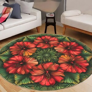Orange Hibiscus Flower Rug, Non Slip, Round Floral Rug