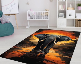 Elephant Scene Rug, Wildlife Nursery, Soft Washable Rug