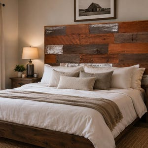 May include: A large rectangular headboard constructed from horizontal planks of reclaimed wood in varying shades of brown, grey, and white. The headboard is positioned behind a bed with white bedding, a beige throw blanket, and several pillows.