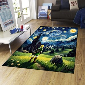 Alfombra de mapa de Zelda, alfombra de la leyenda de Zelda, alfombra de sala de juegos, alfombra de mapa de juego, alfombra de arte de Zelda, alfombra de noche estrellada de Zelda Van Gogh, alfombra de zelda van gogh, van gogh