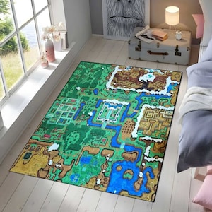 Zelda-kaarttapijt, tapijt The Legend of Zelda, tapijt voor gamekamers, tapijt voor gamekaarten, tapijt Zelda Art, tapijt voor videogames, gameroomdecor, kleurrijk Zelda-cadeautapijt