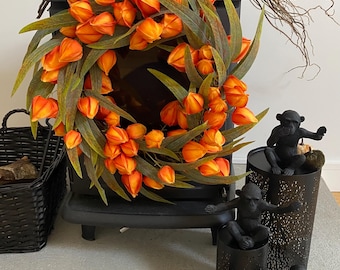 Couronne de fleurs lanterne orange | Décoration intérieure | Couronne murale d'intérieur