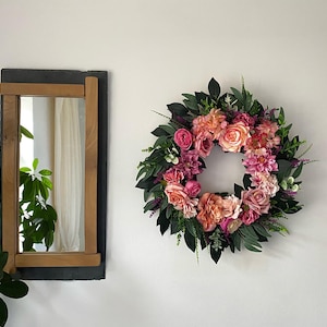 Pink Floral Wreath, Roses, Dahlias, Hydrangeas, Grapevine Base