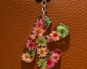 Custom Floral Initial Keychain with Real Flowers