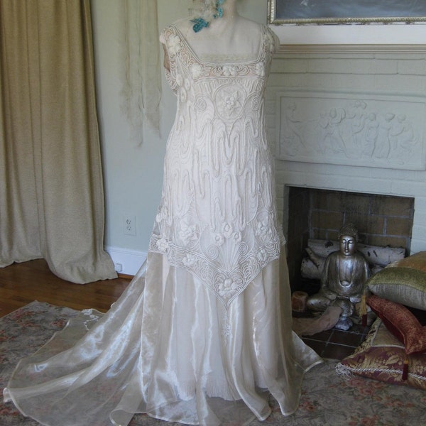 Reserved for Stacie Paris Art Nouveau Antique Lace and Metallic Silk Organza Wedding Gown