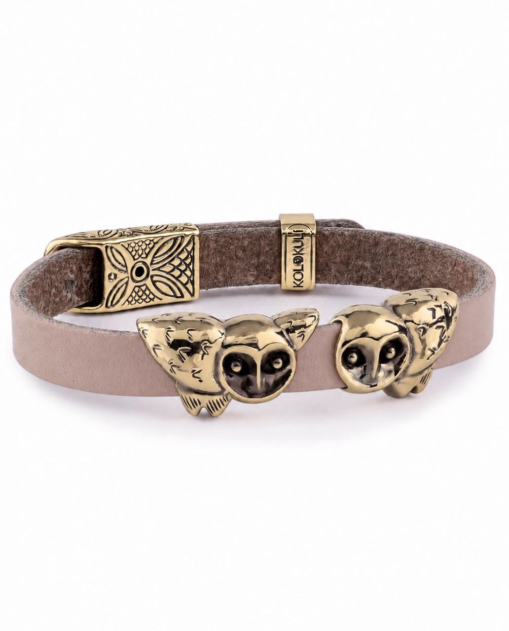 Owl Leather Bracelet with Two Handmade Brass Owls, Day & Night, Adjustable Strap