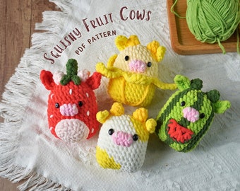 Cow Marshmallow Amigurumi Crochet Pattern, Cow Banana Marshmallow Crochet, Strawberry Crochet, Watermelon Crochet