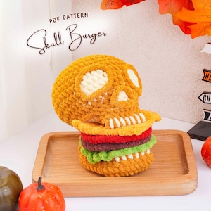 Skull Burger Crochet Pattern, Halloween Skull Amigurumi Pattern, Halloween Food Crochet, Handmade Plush Toy Design, Digital PDF Pattern
