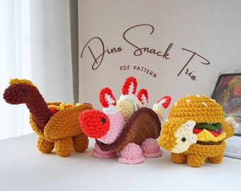 Dinosaur Crochet Pattern Bundle, Dino Snack Trio Crochet, Ice Cream Stegosaurus Crochet, Hot Dog Brachiosaurus Crochet, Ankylobuger Crochet
