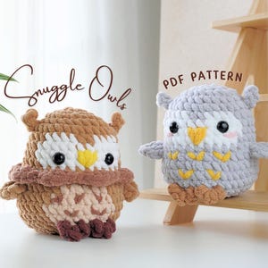May include: Two crocheted owl plushies, one brown and one grey, with the text "Snuggle Owls" and "PDF Pattern" above them.